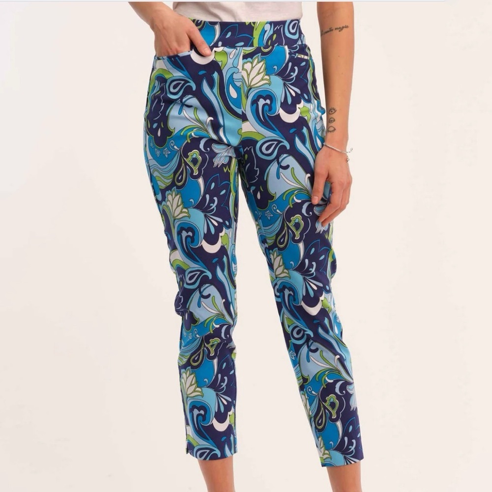 Tahari Colorful Blue Deco Swirl Tummy Control Skinny Ankle Pants S NWOT